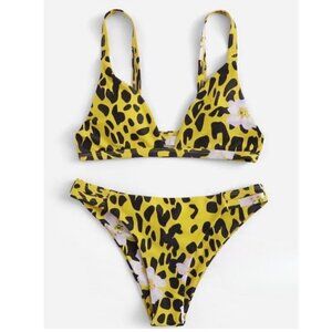Animal Print Bikini with Baby Pink Flowers, Size L